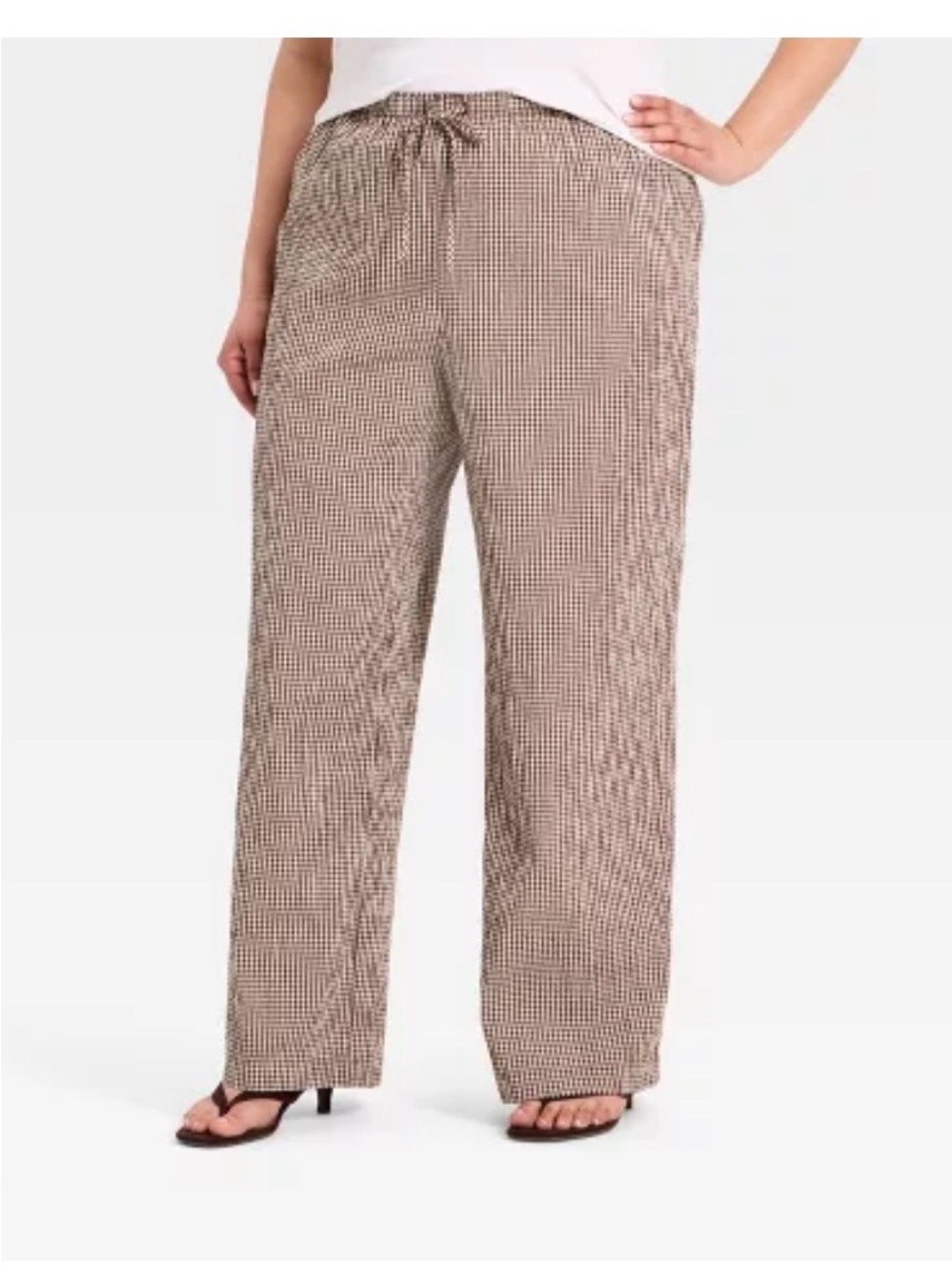 a new day Brown Seersucker Gingham Wide-Leg Drawstring Pants